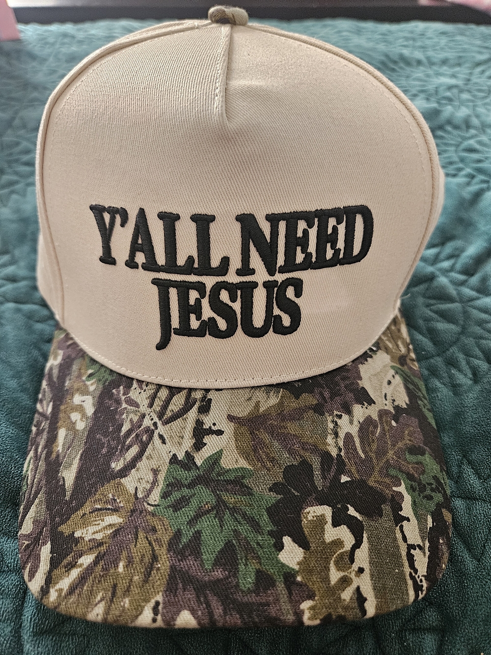 Y'ALL NEED JESUS Beige and Camo Trucker Hat